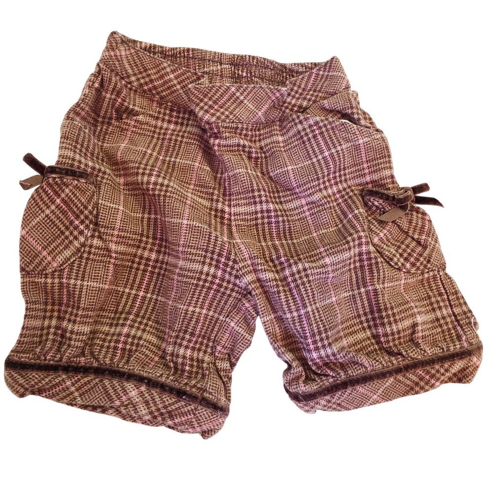 Gymboree Girls Brown Pink Plaid Cargo Shorts Velvet Bows 12-18 Months 2007‎